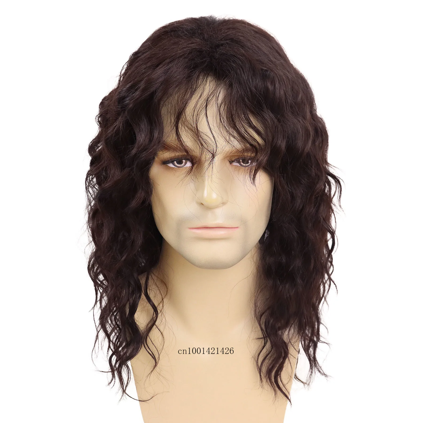 Men's Long Brown Wig Curly Synthetic Hair Costume Wigs Carnival Party Guys Halloween Cosplay Wig with Bangs Soft Fluffy Fiber