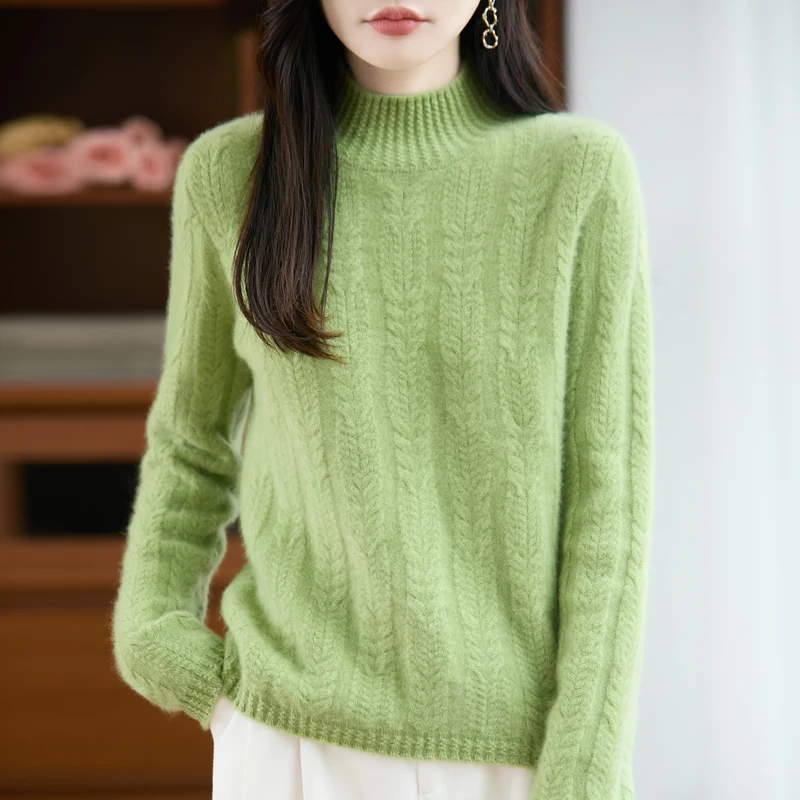 

Women's Mock-neck Pullover Pure Wool Sweater Twist Flower Thick Autumn Winter 100% Wool Knitwear Jacquard Jumper Clothes Top