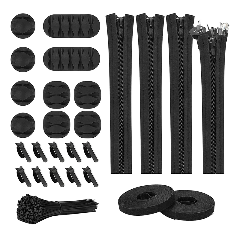 126Pcs Cord Management Organizer 4 Cable Sleeve, 10Pcs Cable Tie And 2 Roll Self Adhesive Tie