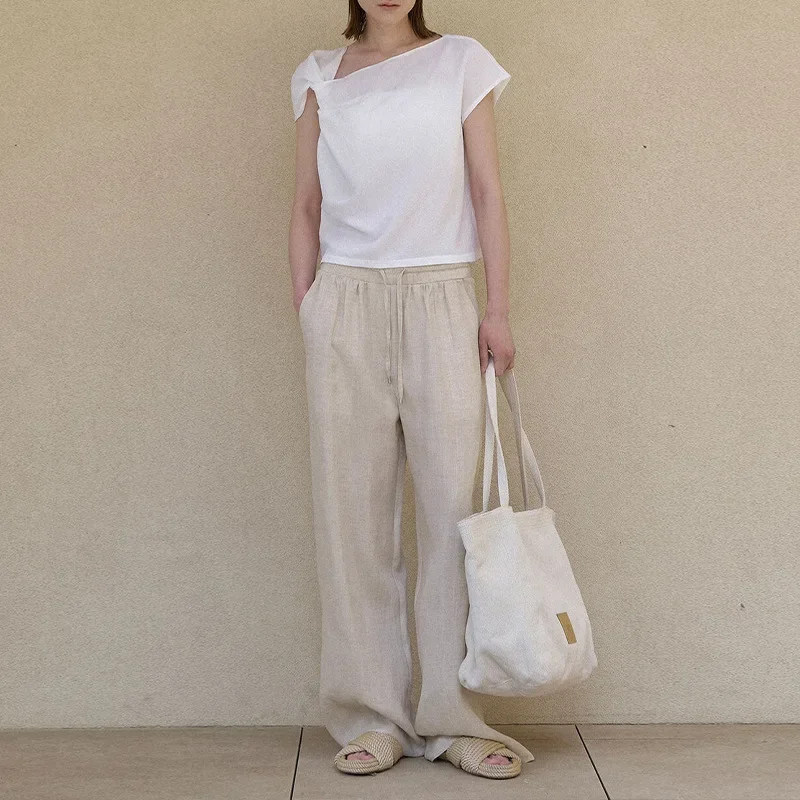 100% Linen Casual Women's Trousers 2025 Spring And Summer New Solid Color Simple Ladies Pockets Long Straight Pants