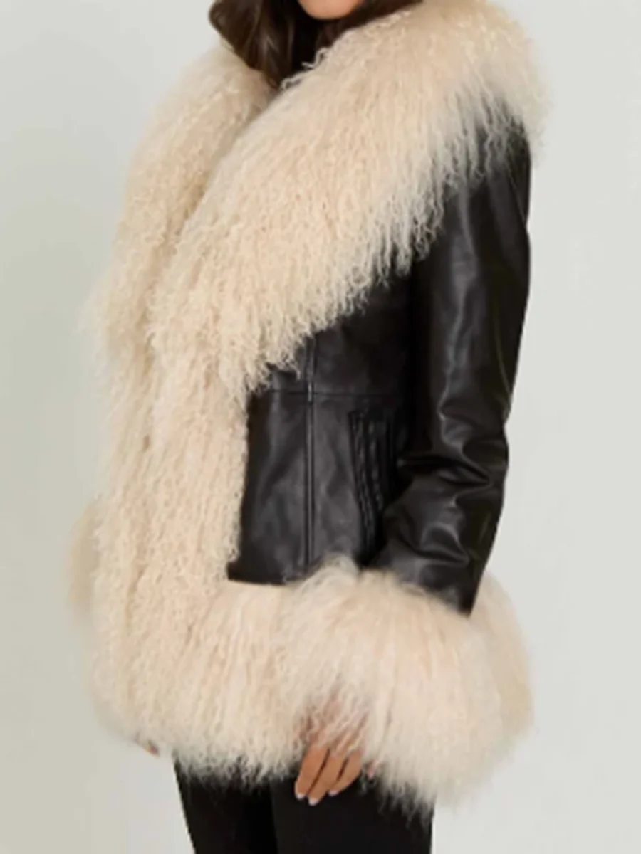 LIMO 2026 New Ladies Faux Leather Coat Fluffy Curly Faux Fur Collar Winter Outerwear