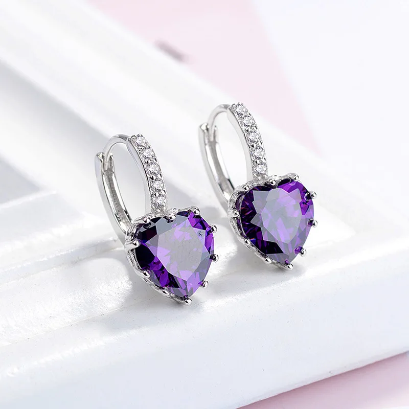 Cute Colorful Heart Real Pure 925 Sterling Silver Jewelry Cubic Zirconia Stone Earrings Fashion Women Favourites Earring
