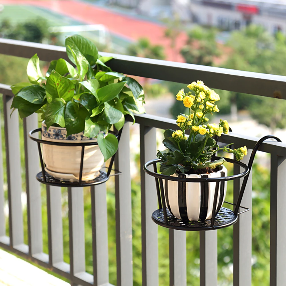 1Pc Iron Art Hanging Baskets Flower Pot Balcony Hanging Plant Round Racks Railing Fence Outdoor Window Bonsai Stand Decoration