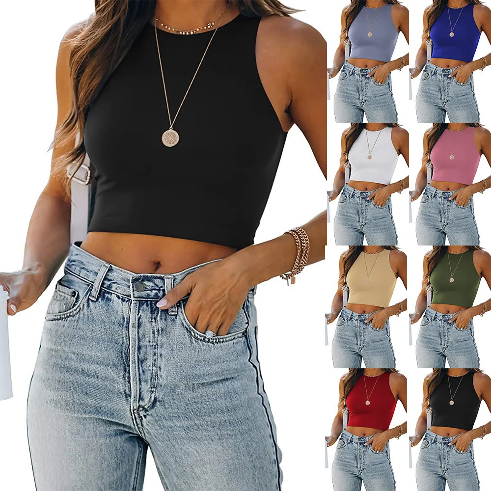 

2022 Women Casual Sleeveless Short Tank Tops Summer Female O-Neck Solid Color Vest Tanks Fashion White Solid Skinny Crop Top