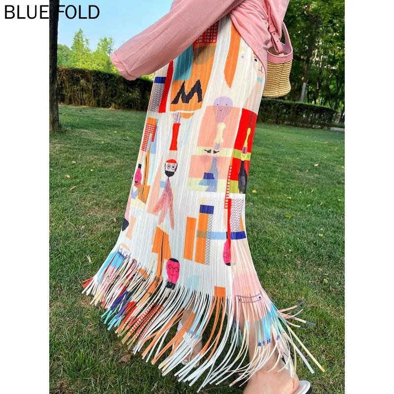 

Miyake Printed Skirt for Women, Fringed Pleated Skirt, All-match Stretchy, Elegant, Long, Summer, New