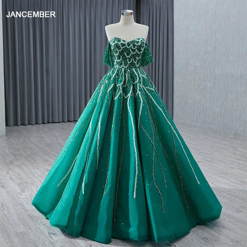 

Jancember Exquisite Princess Evening Dress for Women Organza A-line Sequins Short Sleeves Lace Up فساتين مناسبة رسمية RSM231001