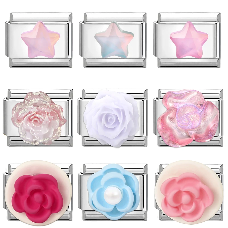 New 3D Star Flower Charm Bracelet Italian Charm Links Fit 9mm Bracelet Stainless Steel Women Making DIY Jewelry Gifts Wholesale
