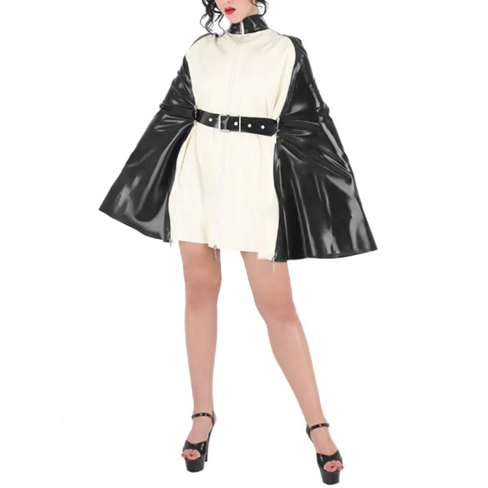 Wetlook-Chic Turtleneck Mini Dress Capes, Sissy Buckle, PVC Shiny Cloak Tops, Patchwork A-line Ponchos, Clubwear, Fashion Party