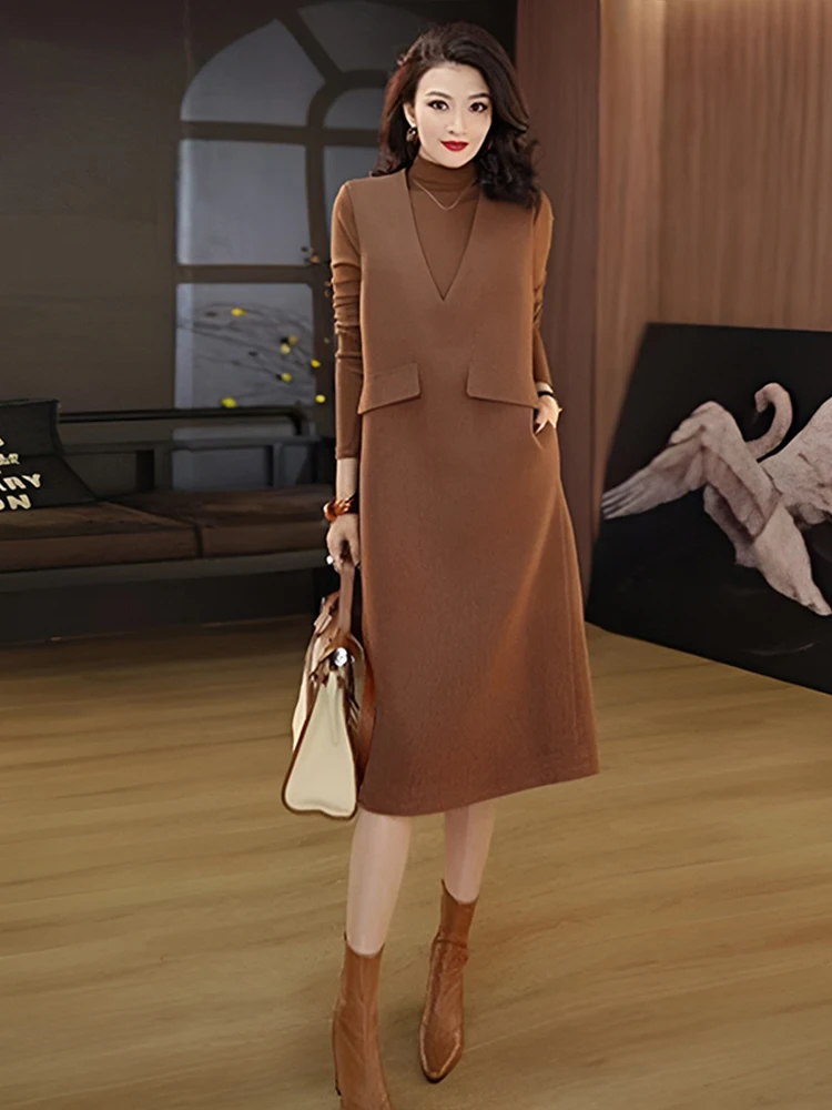 

Fashionable Two-Piece Set Midi Vest Dress Women's Base Layer Spring Autumn New Style Casual Style Long Sleeve T-Shirt Dress