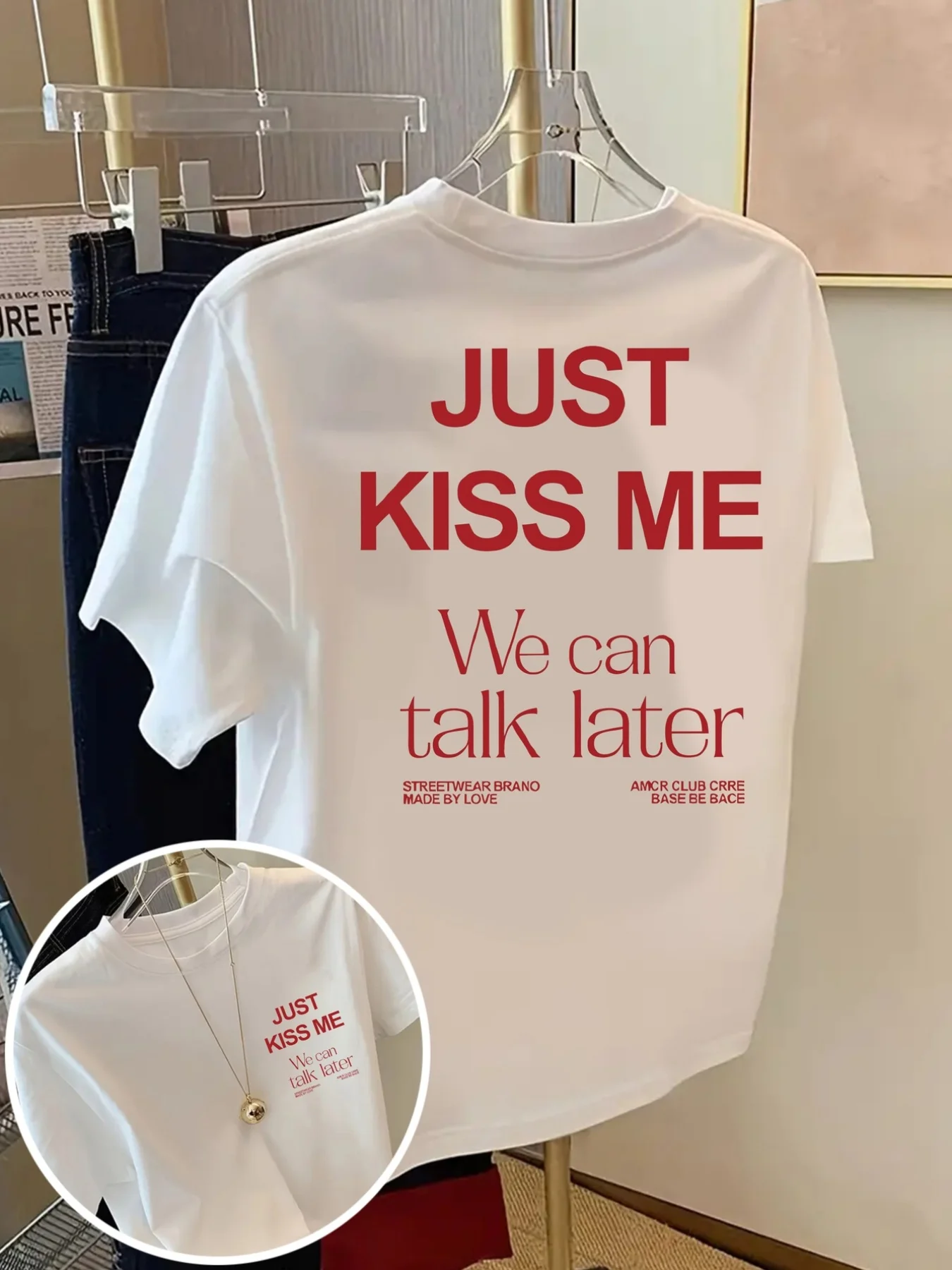 KISS ME We Can Talk Later Print Tshirt Short Sleeve Crew Neck Casual Top for Summer Spring Women'S Clothing