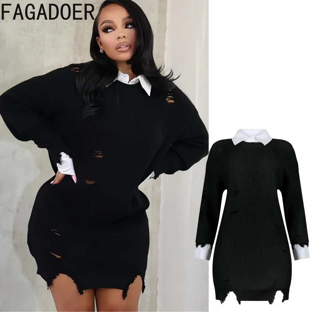 

FAGADOER Y2K Sexy Hole Patchwork Bodycon Mini Dresses Women Solid Color Long Sleeves Irregular Dress Female Streetwear Vestidos