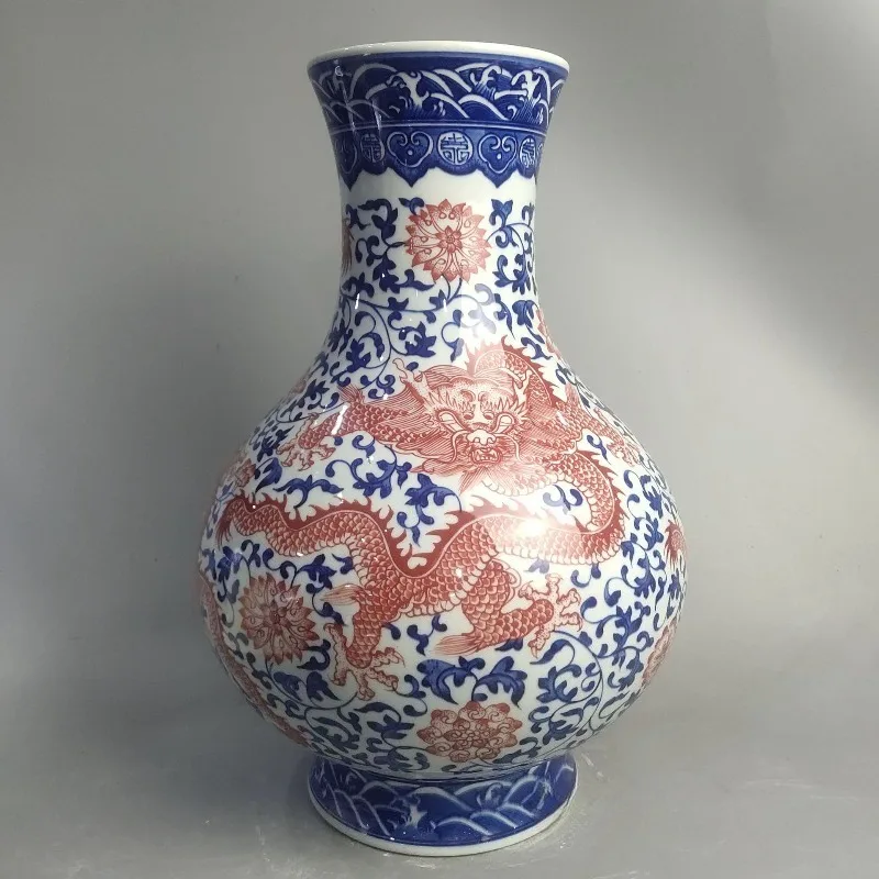 Jingdezhen ceramic antique vase blue and white glaze red dragon pattern bottle pure hand-painted fine porcelain formulated colle