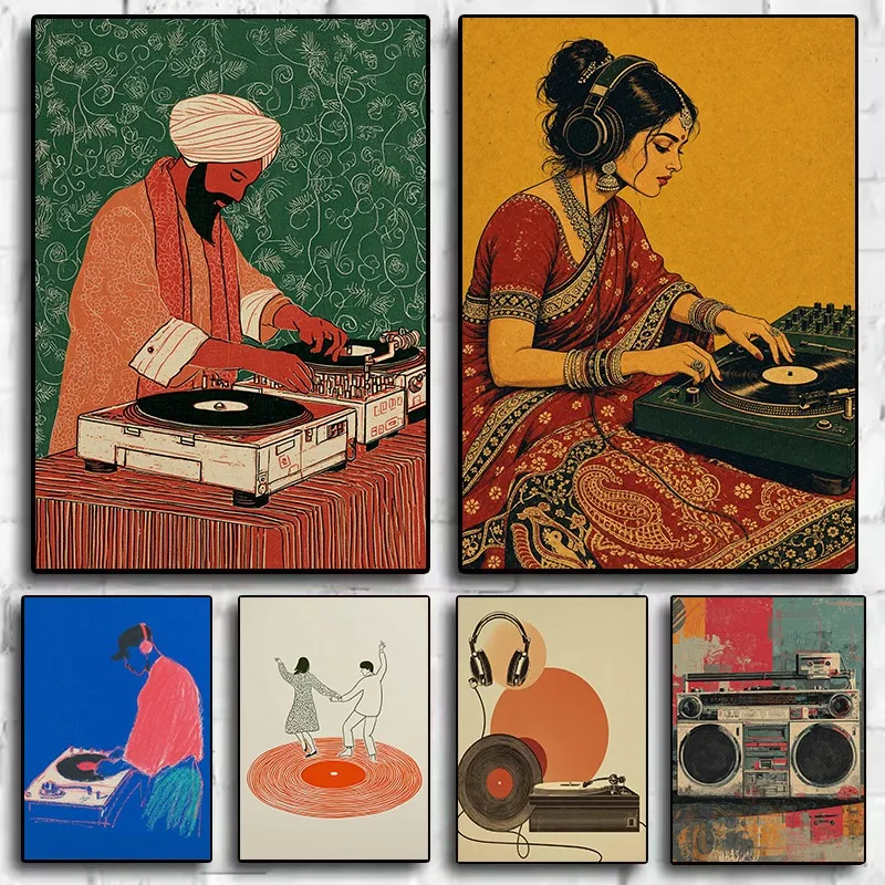 Retro Vinyl Record Radio Music DJ in Sari Woodcut-Style Illustration Poster Canvas Painting Wall Art Pictures Home Decor Gift