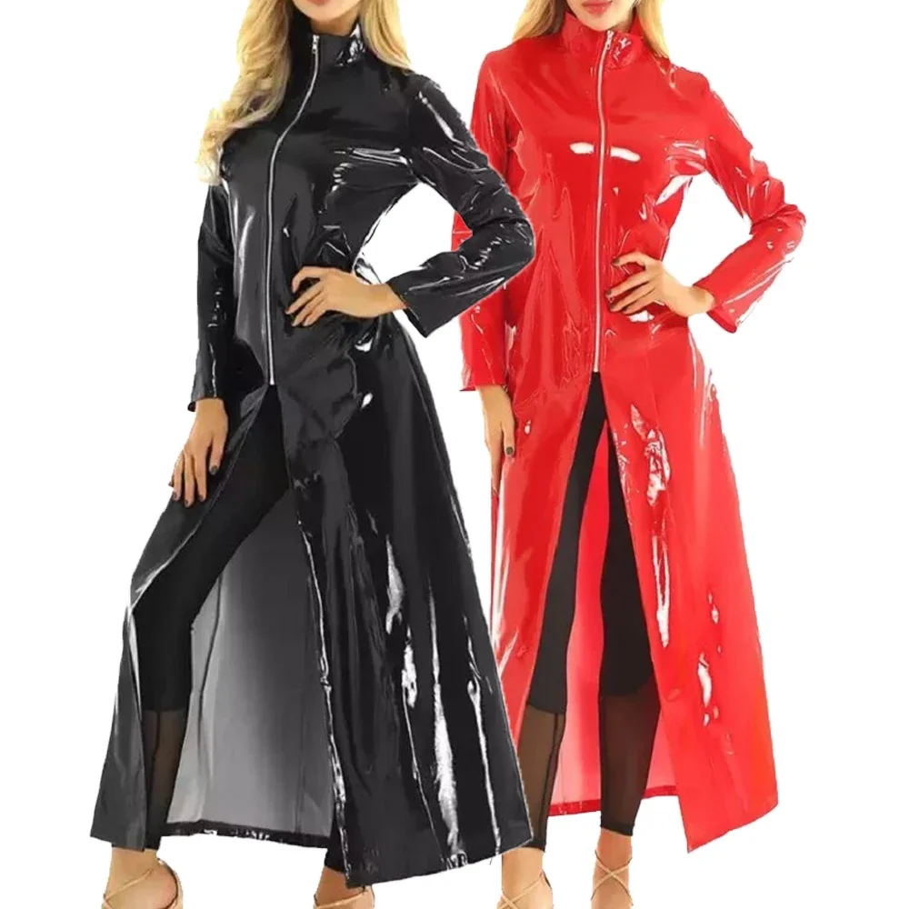 Giacca lunga in pelle Wetlook Sexy in lattice da donna cappotto lungo Ranger medievale abbigliamento donna in pelle verniciata Costume Cosplay di Halloween