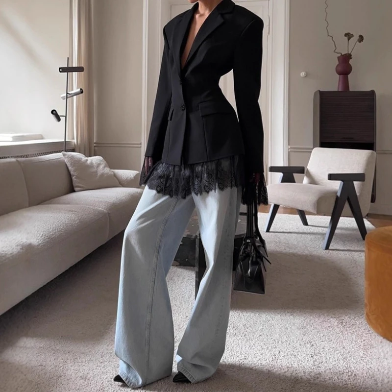 سترة بدلة سوداء صغيرة 2025 خريف وشتاء تصميم جديد تحسس الدانتيل الربط المرأة بأكمام طويلة #3