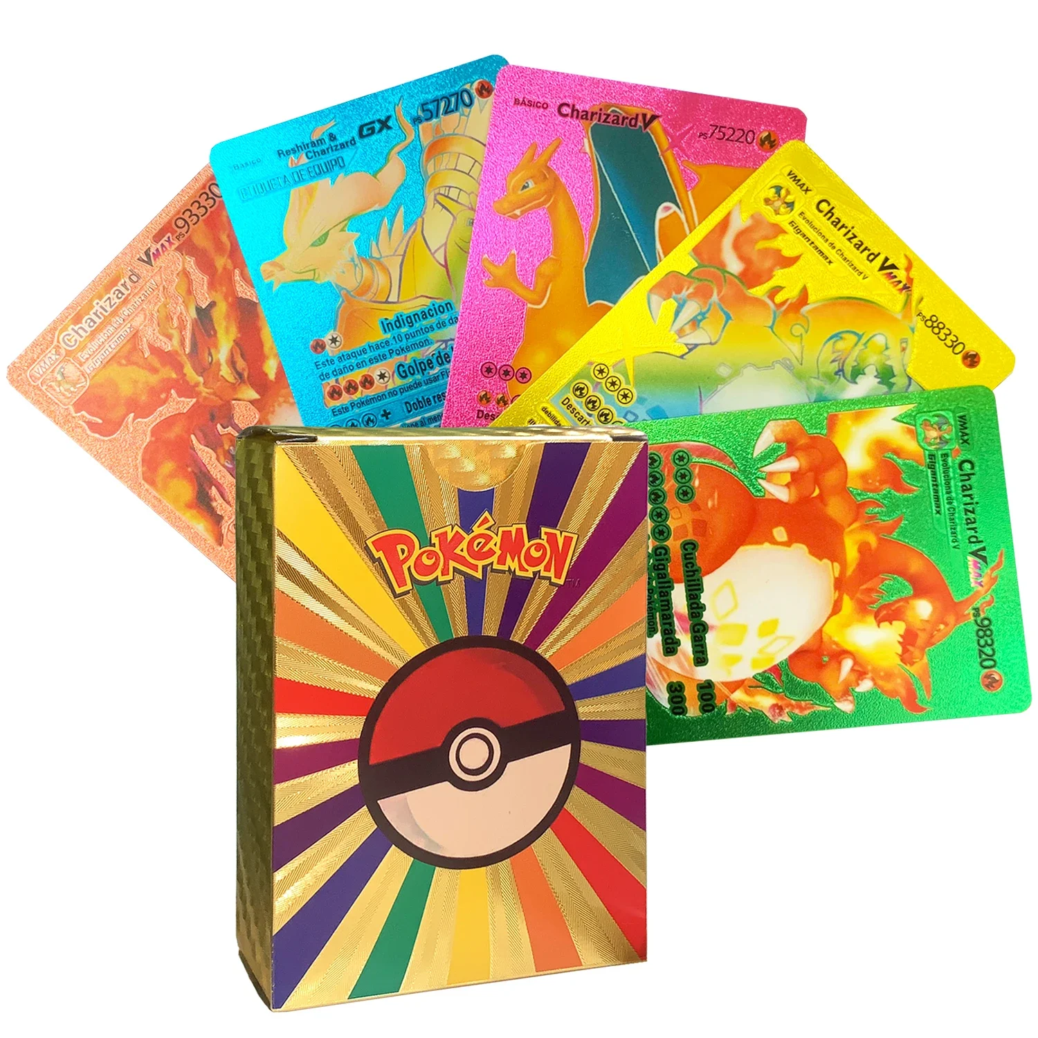 Colorful Pokemon Card Gold Silver Black Diamond Spanish English French German Cards Metalicas Charizard Vmax Gx Game Cards Box