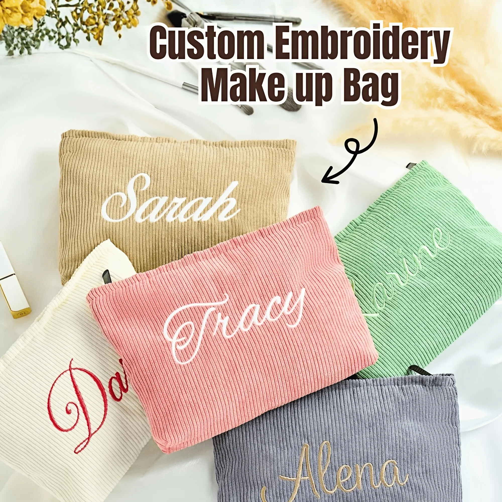 Personalized Corduroy Embroidered Makeup Bag with Name/Initials/ Letters - Custom Cute Zippered Case for Women &, Valentine's