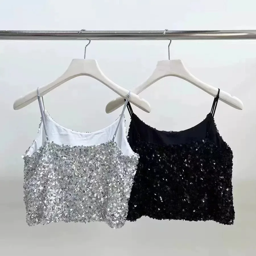 2025 Summer Girls' Shiny Glitter Strap Tank Top Korean Versatile Trendy Strap Girls' Student Shiny Glitter Strap Vest