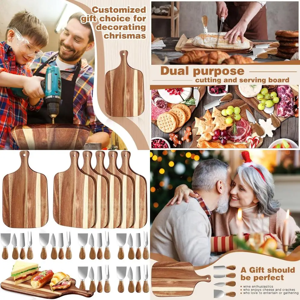 

Набор деревянных разделочных досок из 6 предметов с ручкой и сырными ножами — идеально подходит для мяса, сыра и овощей, идеальный подарок для Христа
