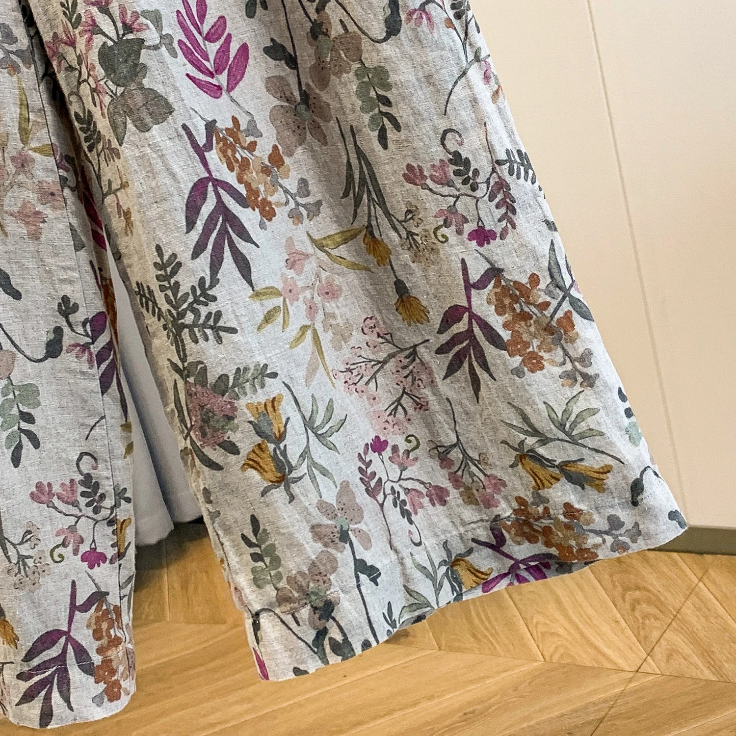 High-End Anti-Aging plus Size Women's Floral Print Elastic Waist Summer Pants Versatile Casual Cotton Linen Blend Wide Leg Tr...