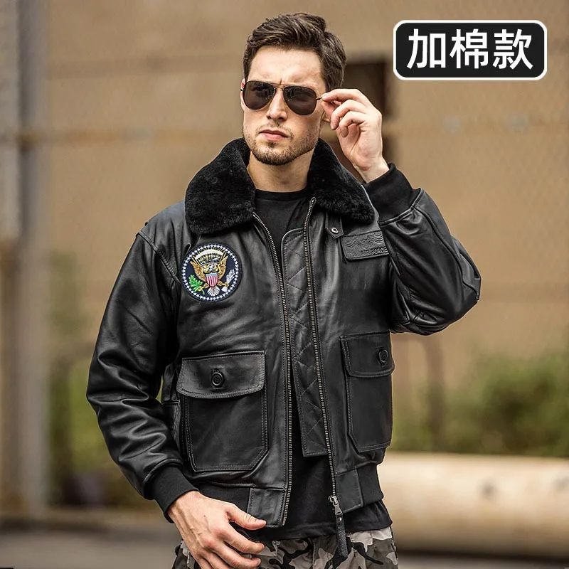 2024 New Men\'s Genuine Leather Air Force G1 Flight Jacket Fashion Velcro Fur Collar Jackets USA Size Sheepskin Winter Coats