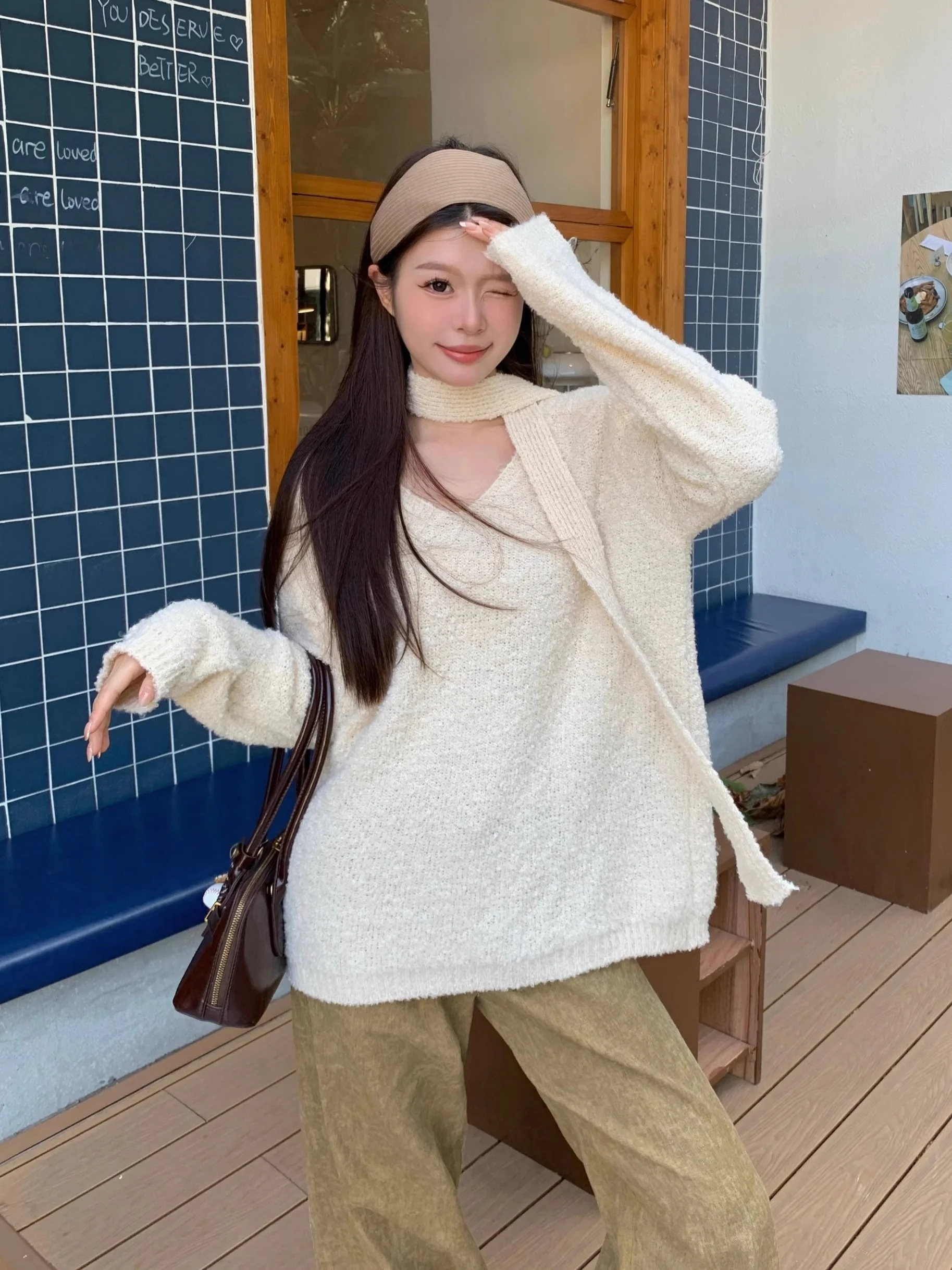 루즈핏 레드 니트 스웨터, 스카프 포함, 가을 겨울용 따뜻한 V넥 롱 스웨터, 여성용 상의