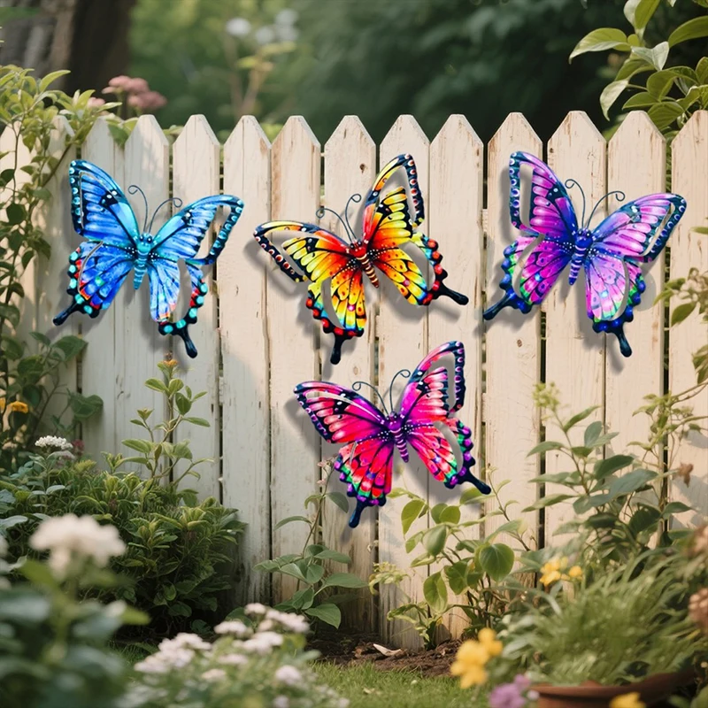 3D Colorful Metal Butterfly Wall Decor Set, Waterproof Iron Butterfly Hanging Decor for Outdoor Garden Fencing and Courtyard