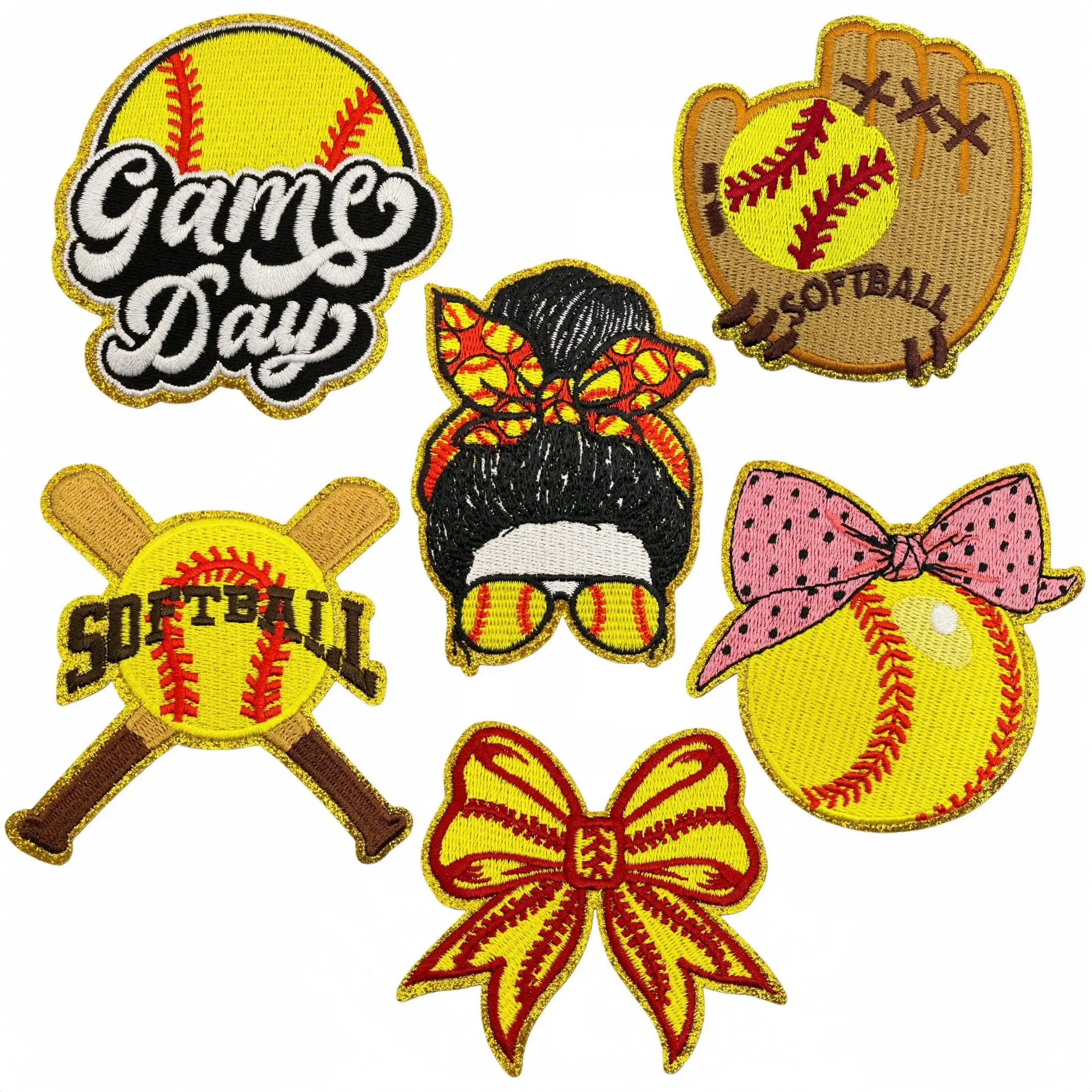 

Yellow Softball Embroidered Iron On Patch Gold Trim Sport Cartoon Ball Applique Clothing Accessory