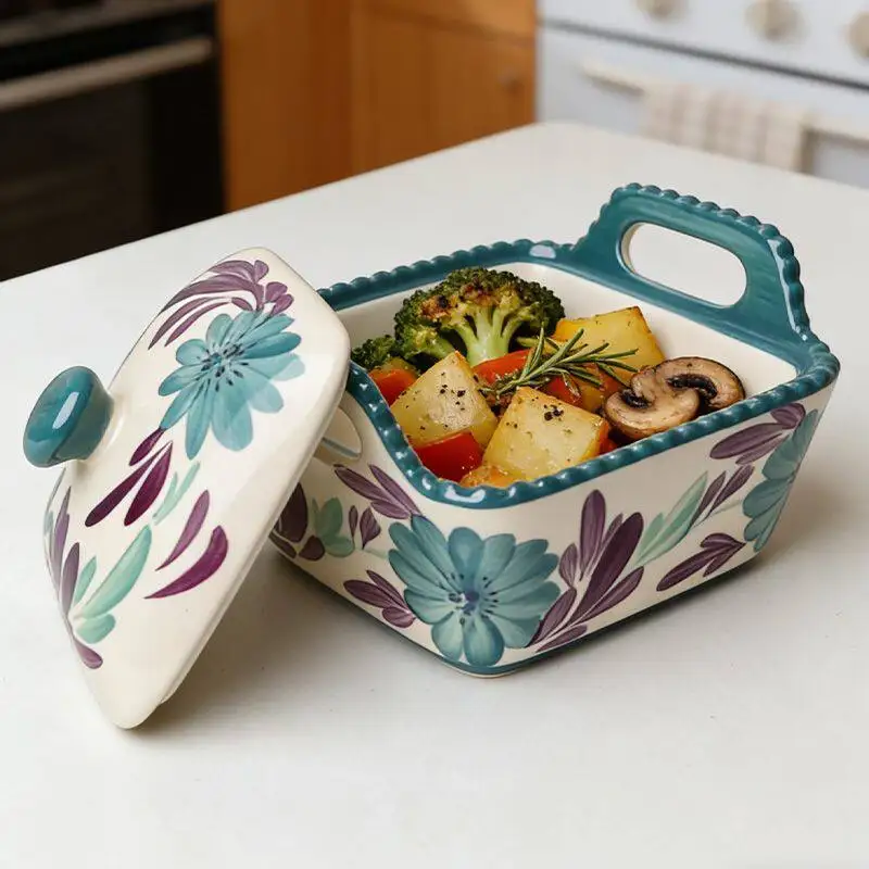 American Ceramic Square Handle with Lid Snack Fruit Salad Bowl Living Room Kitchen Baking Bowl Stew Cup Tableware Bowl Crafts
