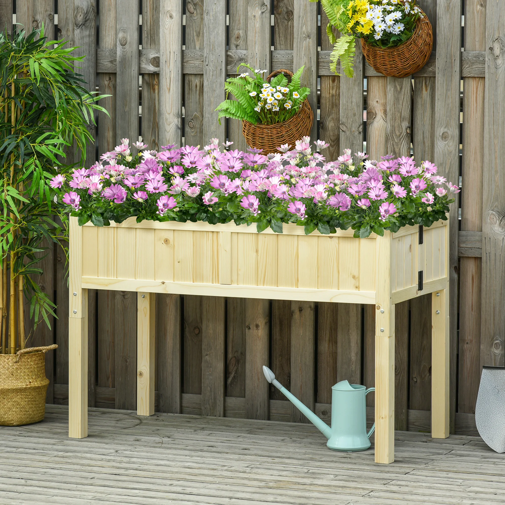 Raised Garden Bed Elevated Wooden Planter Box with Space-Saving Folding Design, Drainage Holes, & Inner Liner for Growing Vegetables, Fruits, Herbs