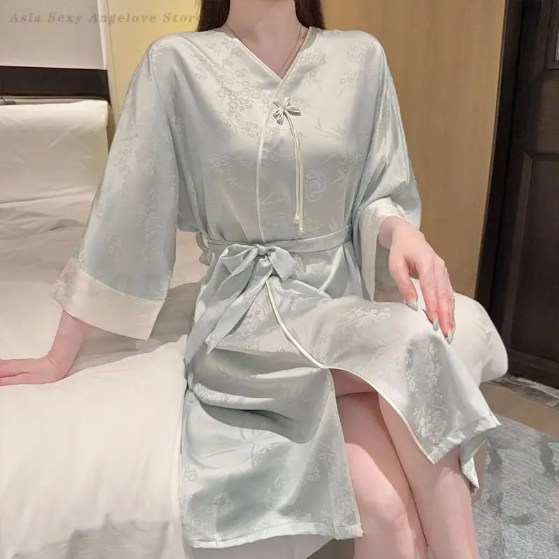

Chinese Style Nightgown Summer Ice Silk Sleepwear Fashion Jacquard Nightdress Sweet Princess Nightwear Loose Casual Home Wear