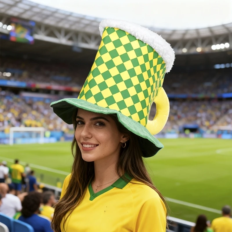 

Big Exaggerated Simulated Beer Mug Hat Green Yellow Plush Irish Parties Parades Adult Football Events Beer Party Supplies