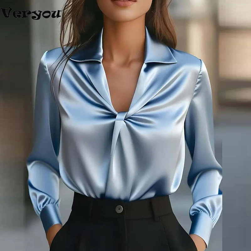 

Осень 2024, темпераментная простая женская рубашка для поездок на работу, модная элегантная однотонная блузка с v-образным вырезом и длинными рукавами, свободный офисный женский топ