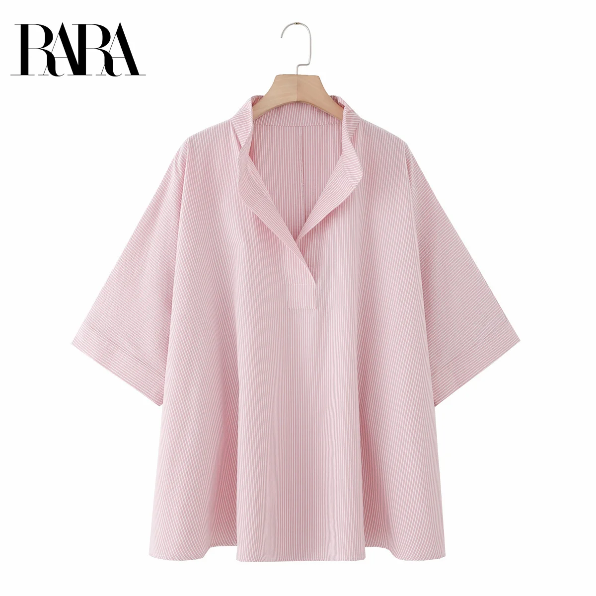 

RARA Women's Summer New V Neck Half Sleeve Casual Loose Fashion Cape Style Striped Shirt Top