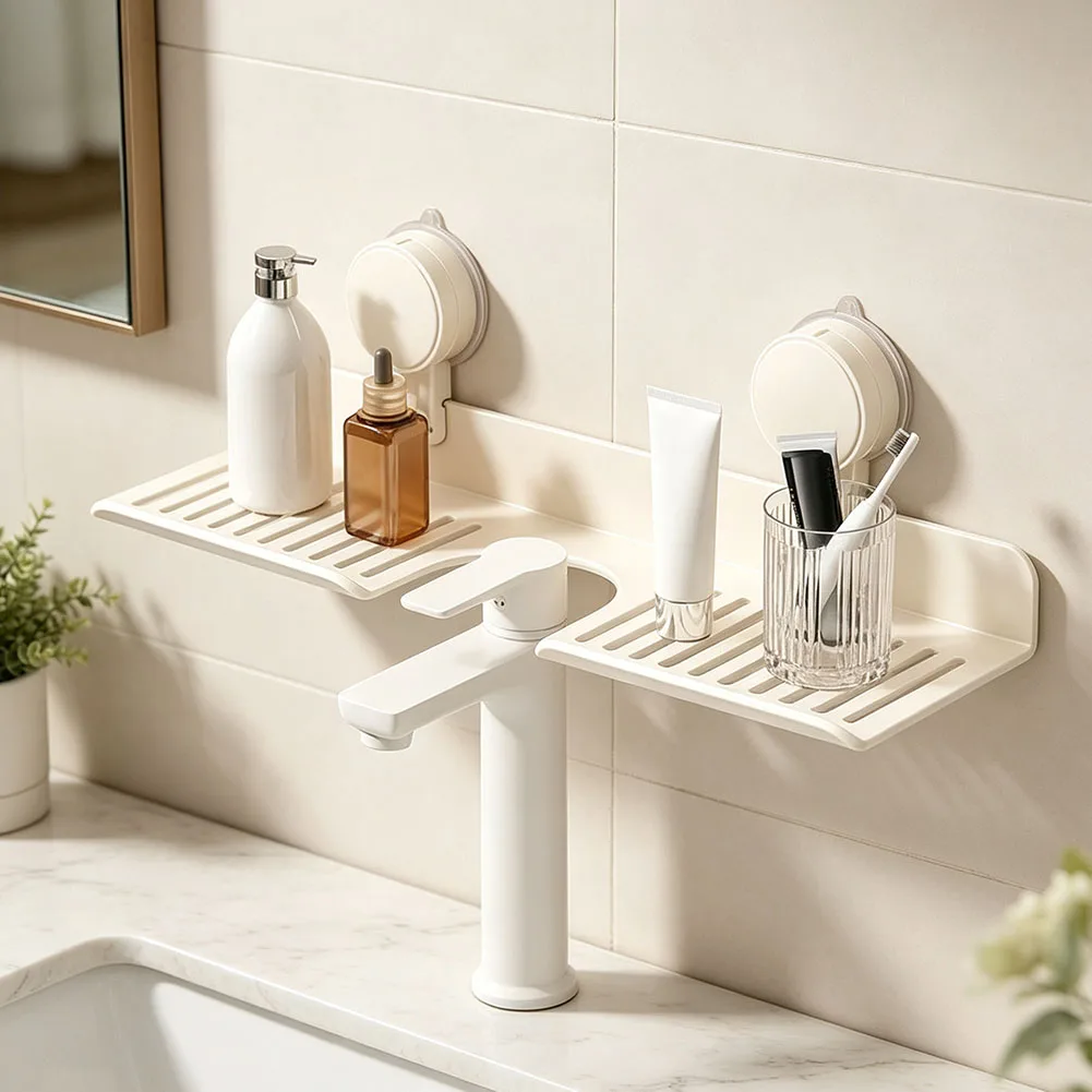 Floating U-Shaped Slot Shelf for Bathroom Sink No-Drill Suction Mount Aluminum Iron Alloy 40x15x6cm Rust Resistant