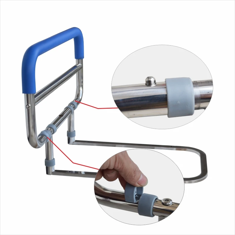 ارتفاع قابل للتعديل 304 السكك الحديدية بجانب السرير من الفولاذ المقاوم للصدأ مع مقبض دعم قابل للطي لتركيب تصميم رائع من السيليكون الناعم المضاد للانزلاق