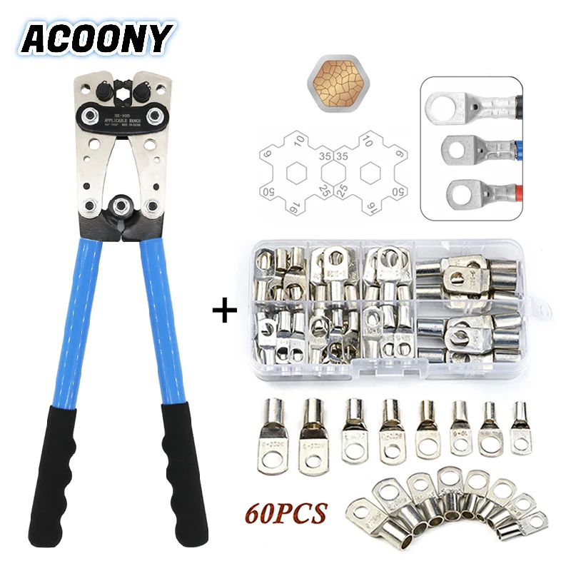 

HX-50B Battery Cable Lug Crimping Tool 10-1AWG Copper Ring Terminals Kt 8 Sizes Cable Lugs Set, Heavy Duty Wire Crimper Tool