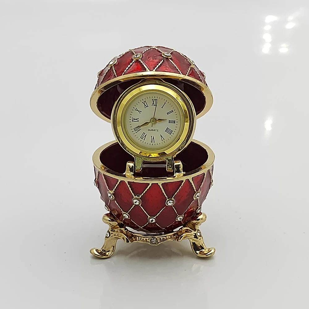 

Faberge Style Egg Shaped Trinket Box with Clock, Vintage Red Enamel Rhinestone Decorative Egg, Luxury Metal Jewelry Storage Box