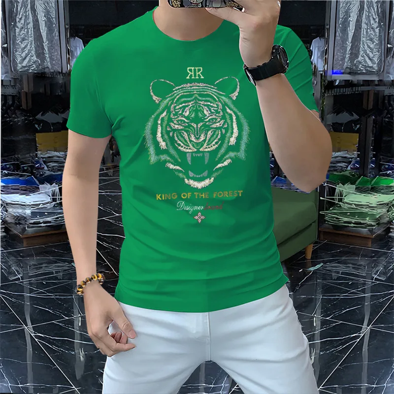 2022 Summer New Hot Diamond Men's T-Shirts Tiger Head Pattern Design Heavy Craft Thin Casual Round Neck Slim Tees M-4XL