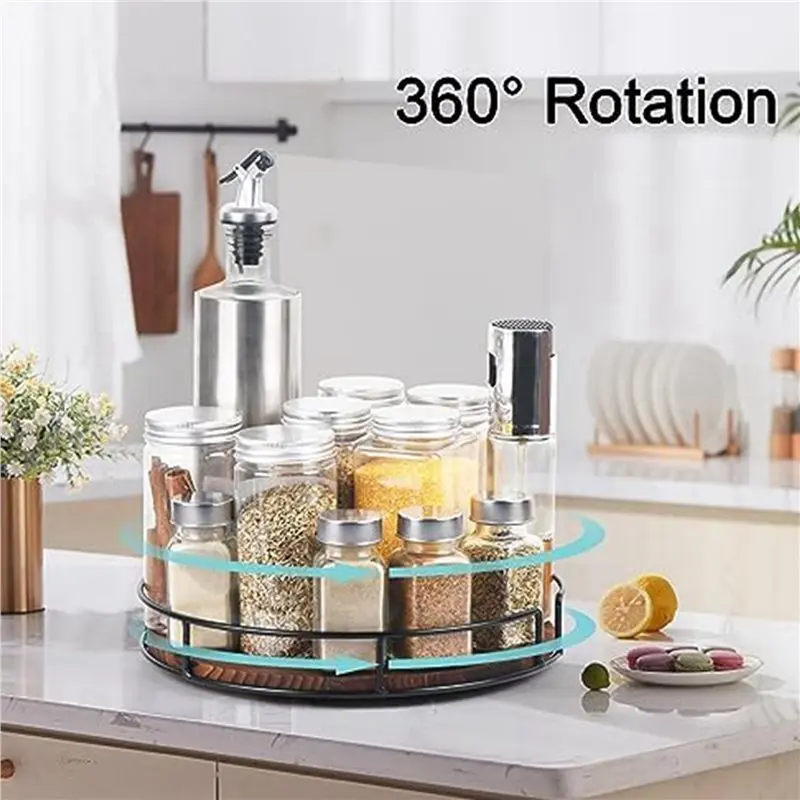 CYCLI-3X Non-Skid Wood Turntable Organizer For Cabinet, Pantry, Kitchen Countertop, Refrigerator, Spice Rack, Carbonized Black