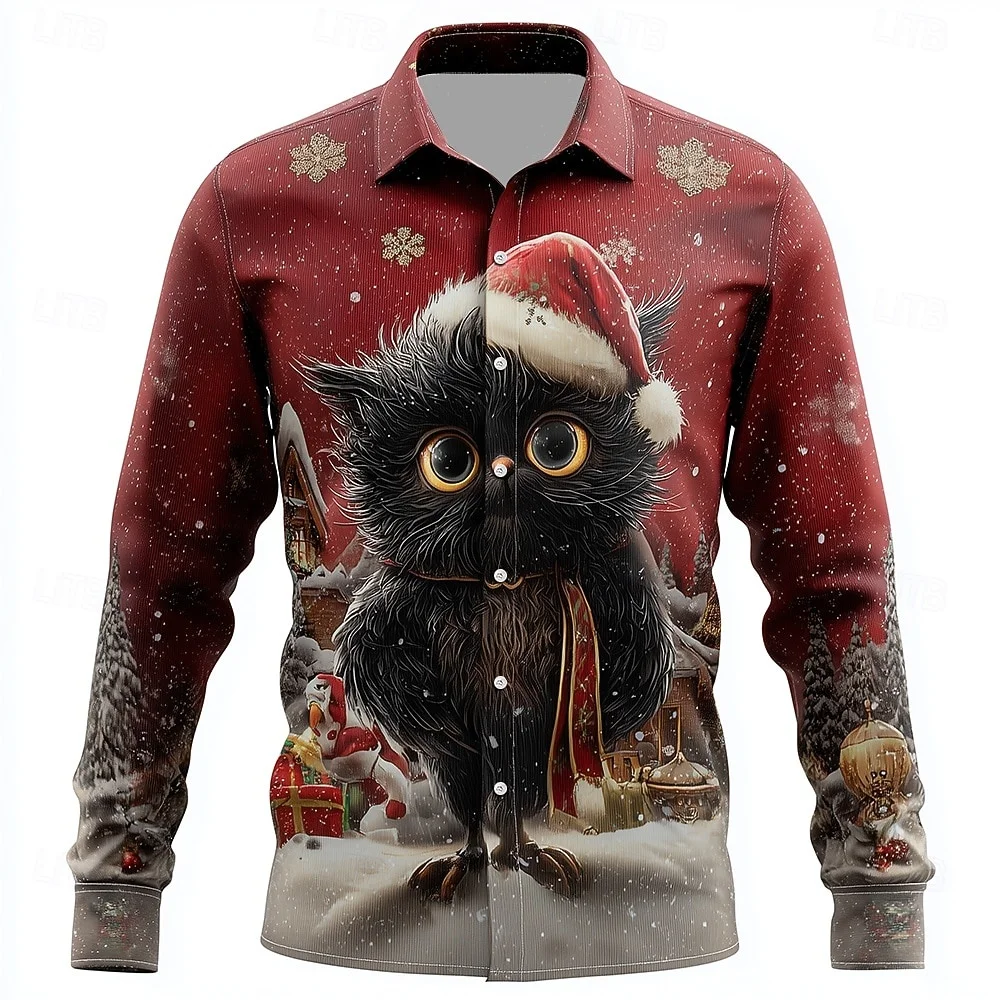 2026 Christmas Theme Men's Snowflake Christmas Animal Printed Men's Tops Shirts Red Shirt Casual Long Sleeve Shirt Street Blouse