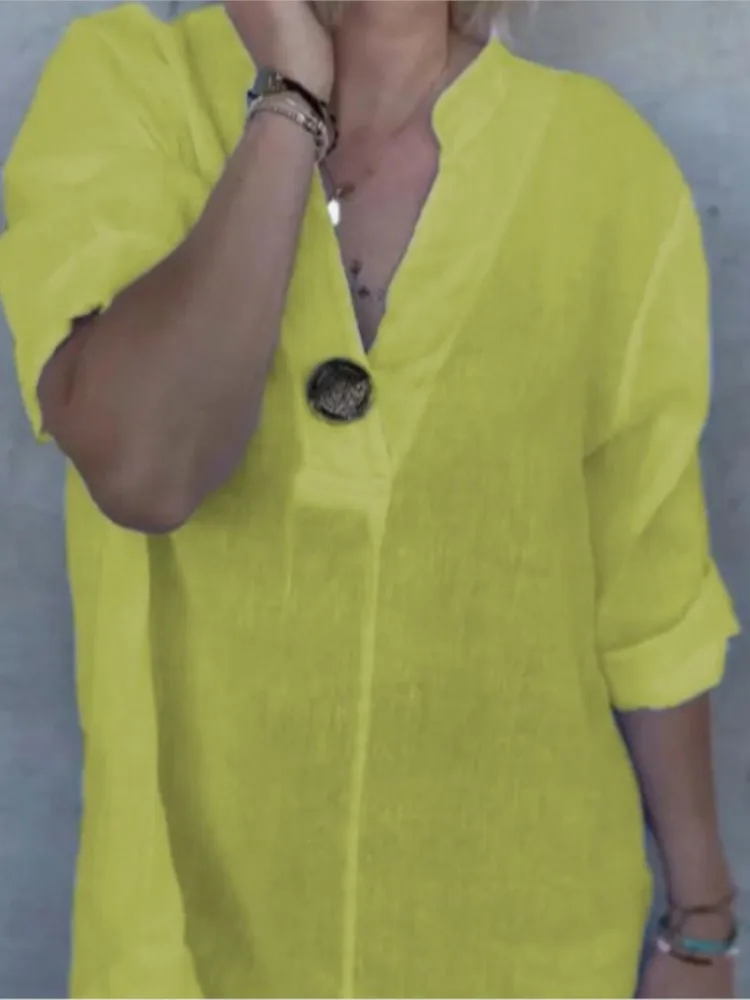 2025 NOVEDAD DE VERANO camisa de algodón de Color sólido con cuello levantado moda elegante Casual blanco suelto Oficina vacaciones camisetas ropa de mujer