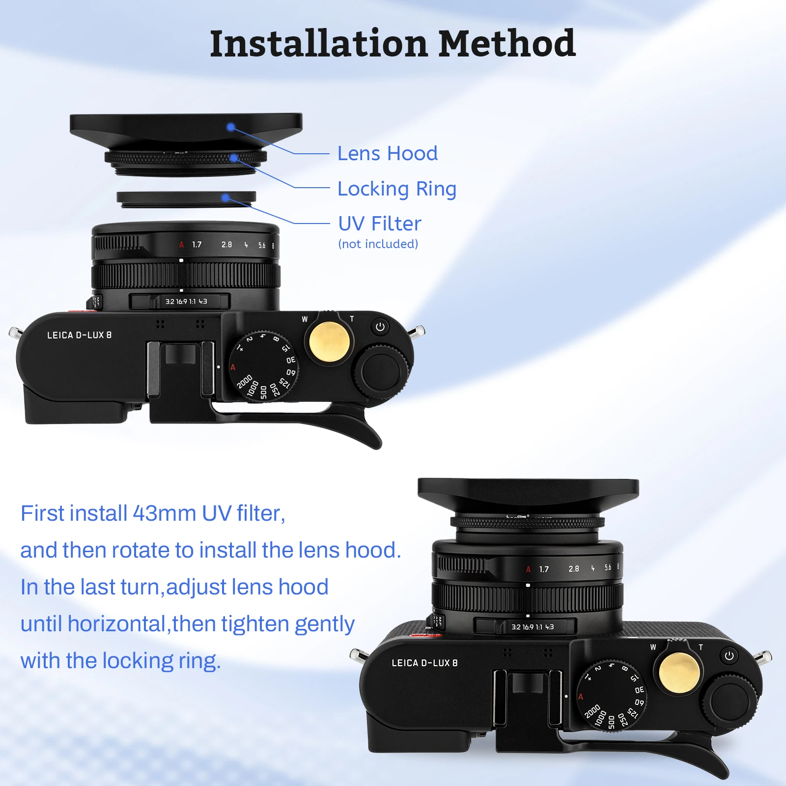 Haoge-parasol de Metal de 43mm para cámara de telémetro, lente de rosca de filtro E43 de 43mm, diseño hueco + tapa, color negro