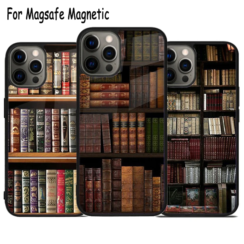 Funda de teléfono Magsafe con carga inalámbrica, estantería de libros Vintage para iPhone 15, 16, 14, 13, 11, 12 Pro Max Plus, cubierta magnética