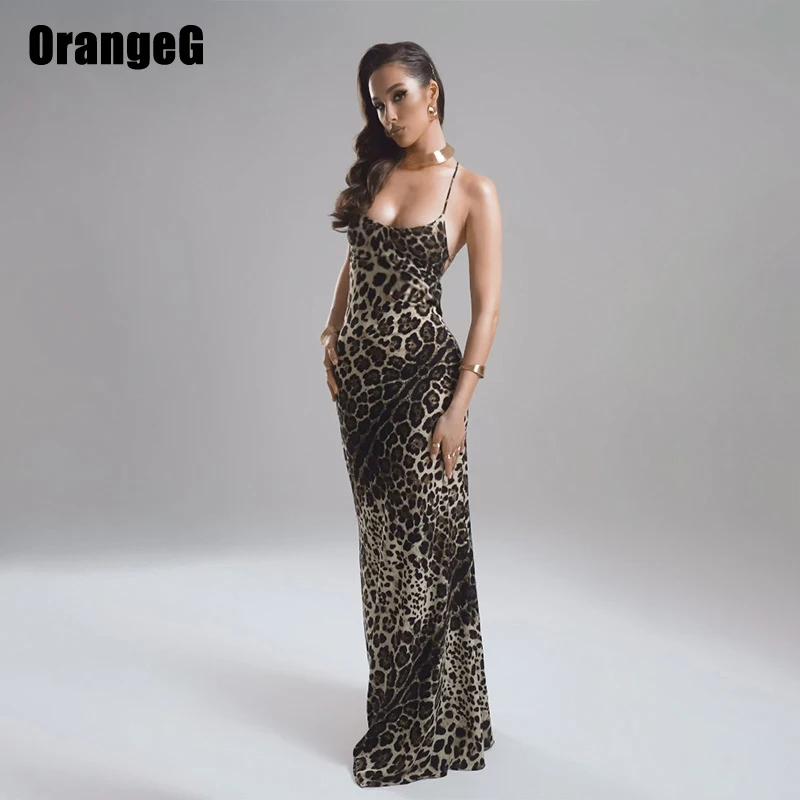 OrangeG Backless Leopard Trumpet Long Dress Women Bodycon Spaghetti Strap Elegant Clubwear Dropshipping Clothes Animal Print