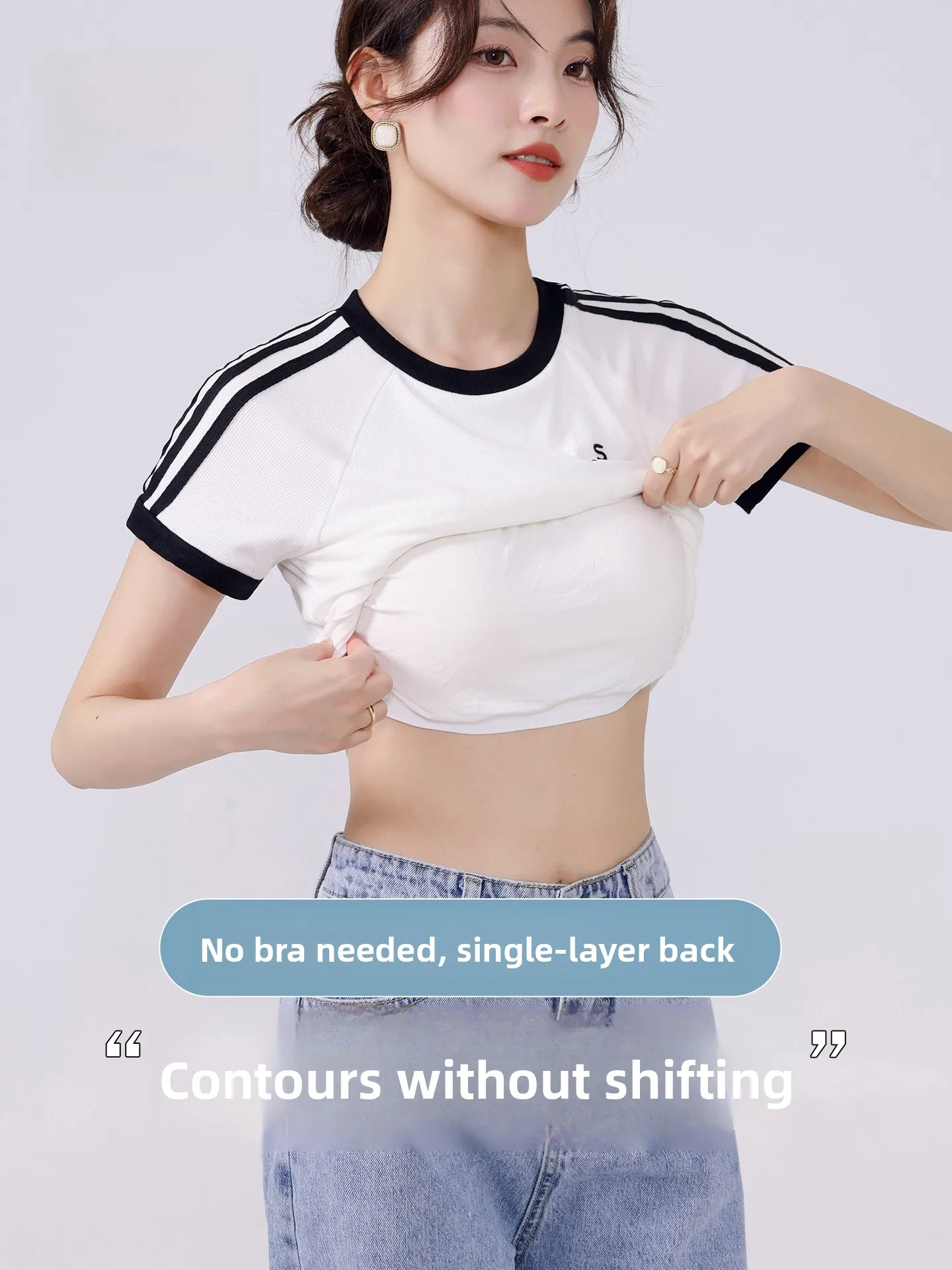 Lacele Semi-Integrated Women's T-Shirt Short Sleeve No Bra Needed Summer Thin Cotton Polyester Blend round Neck Regular Length