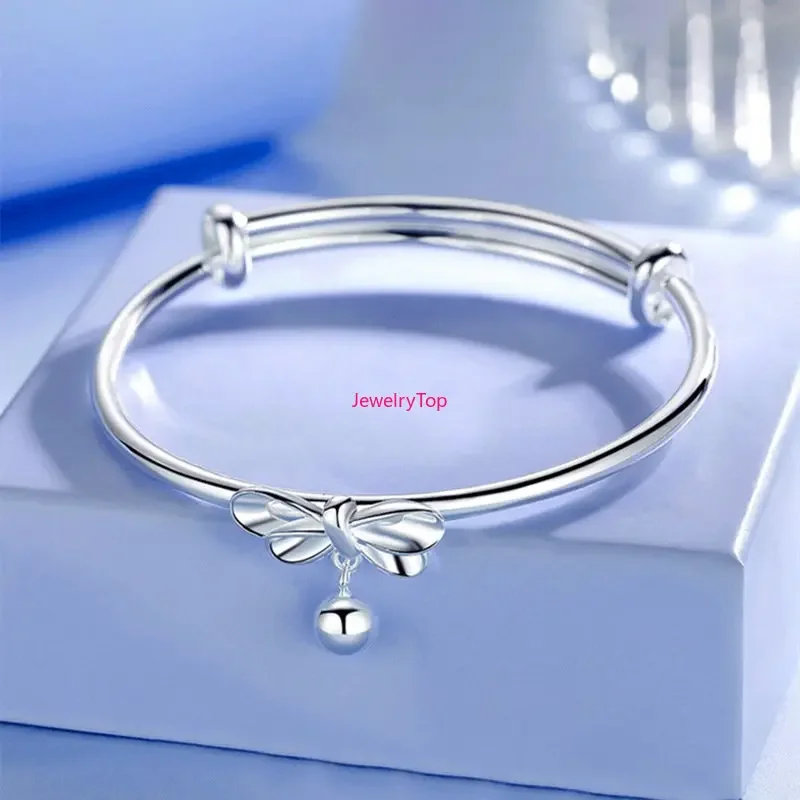 

Jewelrytop Adjustable Size 925 Sterling Silver Bangle Cuff Bracelet Bow Round Bead Charms Jewelry For Women Wedding Party Lovely