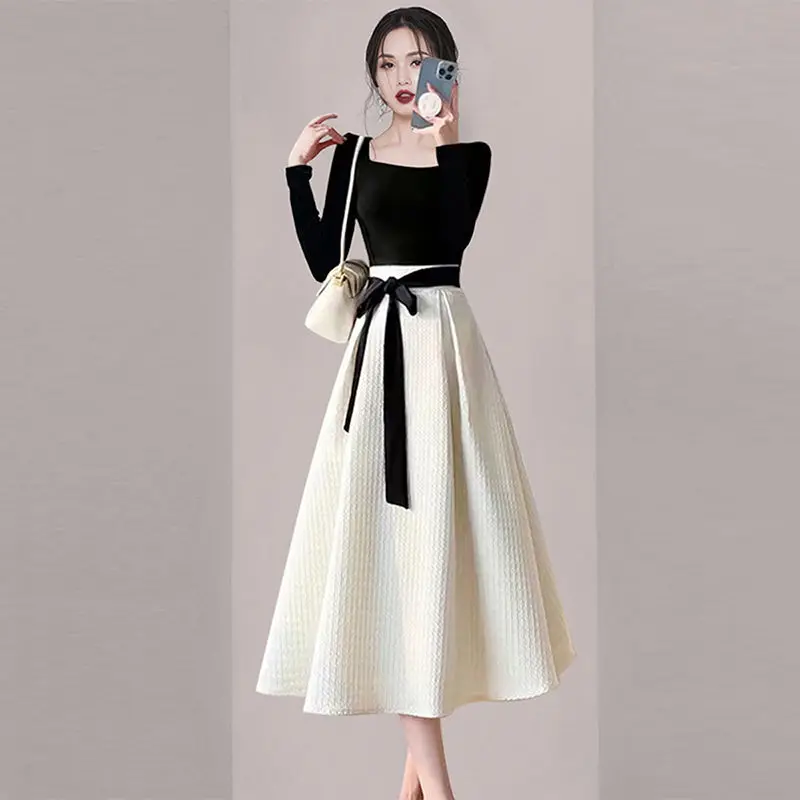 Women Autumn Winter Office Lady Slim Patchwork Solid Color Square Collar Long Sleeve Dress Ladies Casual All-match A-line Skirt