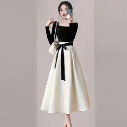 Women Autumn Winter Office Lady Slim Patchwork Solid Color Square Collar Long Sleeve Dress Ladies Casual All-match A-line Skirt