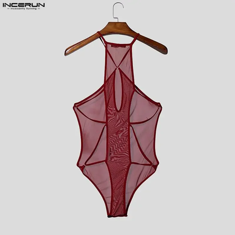 INCERUN Men's Bodysuits Solid Mesh See Through O-neck Sleeveless Bodysuit For Man Sexy 2026 Hollow Out Male Rompers Playsuits image 5